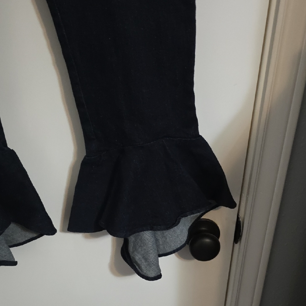 Donna DEGNAN Dark Denim Flared Ruffle Hem Jeans Sz 8 - Picture 4 of 10